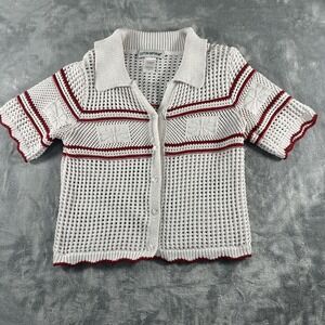White and red open-knit crochet collared top